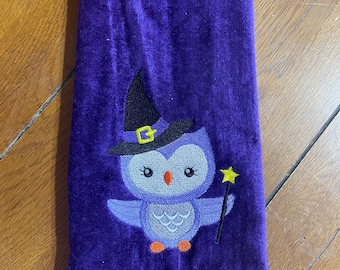 Embroidered Velour Hand Towel - Halloween - Owl Witch W/Magic Wand - Purple Towel