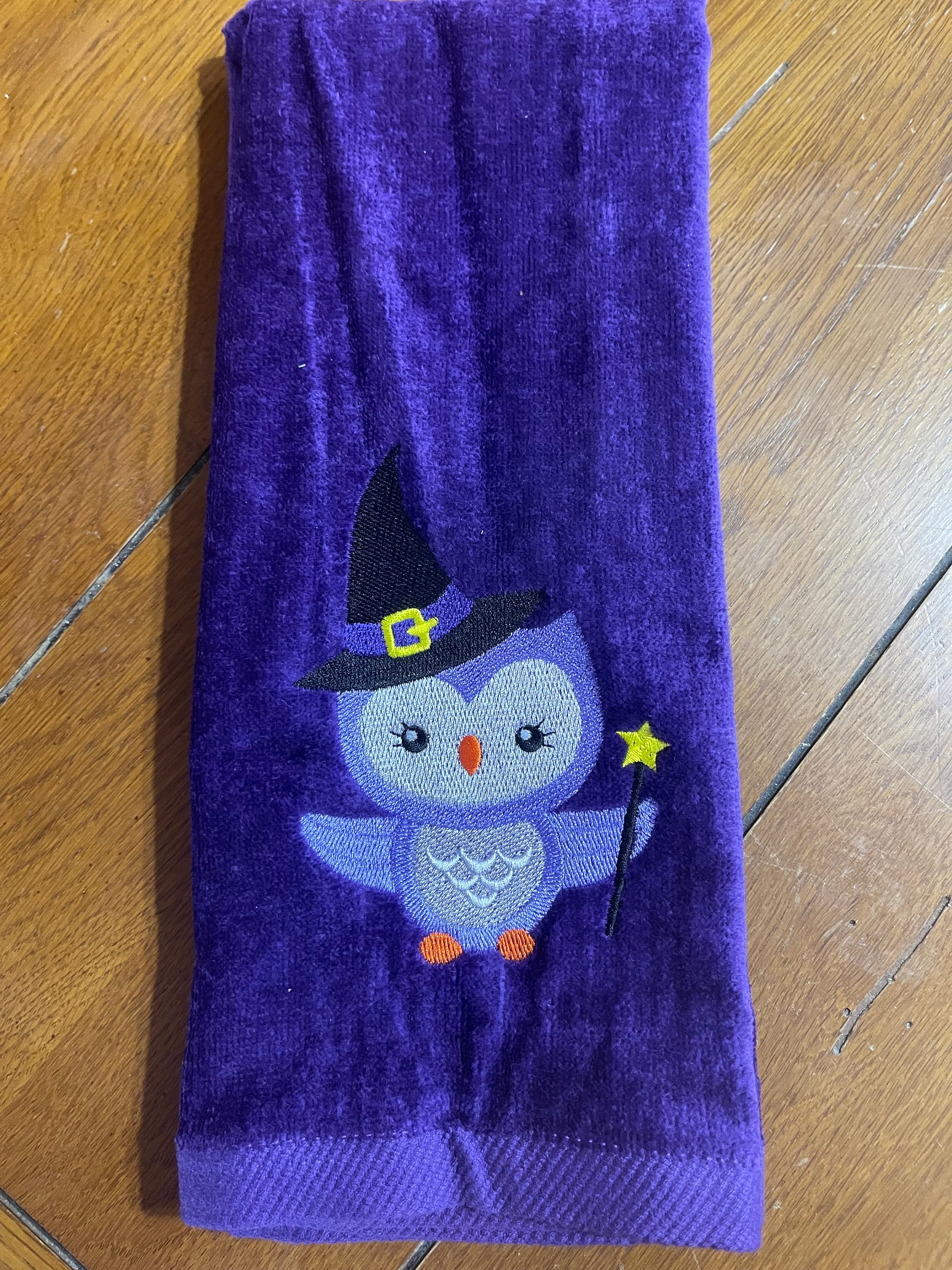 Embroidered Velour Hand Towel - Halloween - Owl Witch W/Magic Wand - Purple Towel