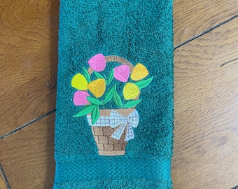 Embroidered Terry Hand Towel - Spring Flower Basket - Green Towel