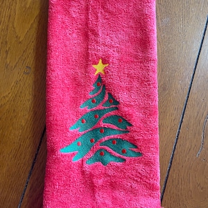 Embroidered Velour Hand Towel - Christmas - Christmas Tree W/Gold Star - Red Towel
