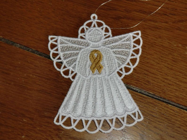 Embroidered Ornament Christmas Childhood Cancer Angel Gold Ribbon image 1