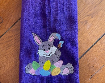 Embroidered Velour  Hand Towel -  Easter - Easter Bunny W/Eggs - Purple Towel