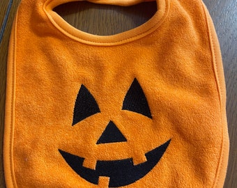Embroidered Baby Bib - Pumpkin Face - Orange Bib