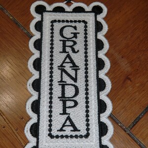 Embroidered Bookmark  - &quot;Grandpa&quot; - Black & White