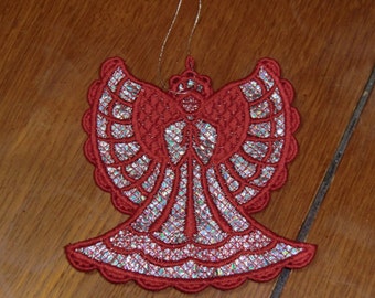Embroidered Ornament Christmas - Mylar Angel Silver/Red