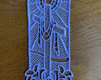 Embroidered Bookmark  -  Cross With Lillies - Lavender