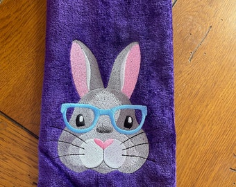 Embroidered Velour Hand Towel  - Easter - Easter Bunny Face W/Glasses - Purple Towel