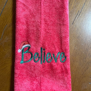 Embroidered Velour Hand Towel - Christmas - Believe - Red Towel