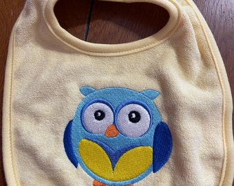 Embroidered Baby Bib - Blue Owl - Yellow Bib