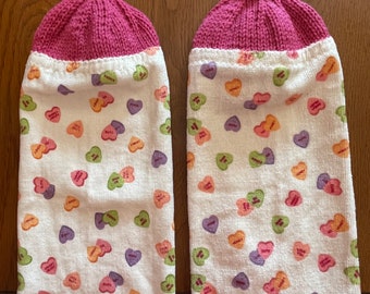 Valentine - Candy Hearts  Knit Top Kitchen Towels - Cream Towel