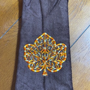 Embroidered Velour Hand Towel - Fall - Leave W/ Pumpkins - Variegated Oranges & Yellows - Brown Towel