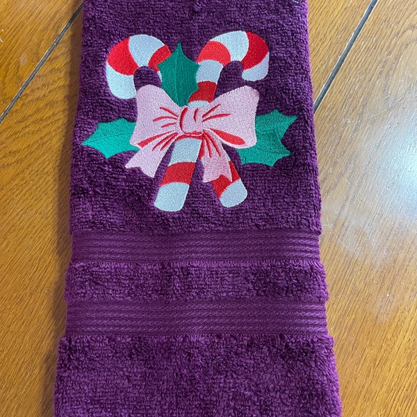 Embroidered Terry Hand Towel - Christmas - Candy Canes W/Pink Bow - Maroon Towel