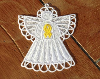 Embroidered Ornament - Christmas - Bladder/Saroma/Bone Cancer Angel - Yellow Ribbon