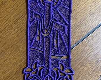 Embroidered Bookmark  -  Cross With Lillies - Dark Purple