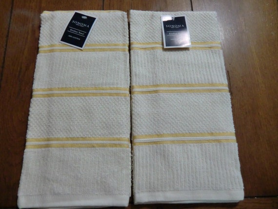 NWT - 2 - Whole Kitchen Towels - Sonoma - Dark Yellow & Cream Horizontal  Stripes