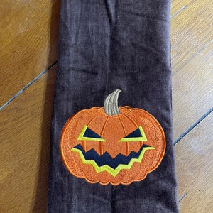 Embroidered Velour Hand Towel - Halloween - Pumpkin - Brown Towel