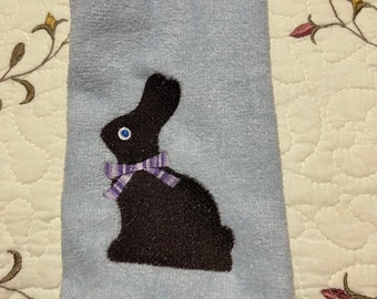 Embroidered Finger Tip Towel  - Easter - Chocolate Bunny - Multi Purple Ribbon - Light Blue Towel