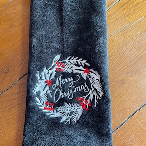 Embroidered Velour Hand Towel - Christmas - Merry Christmas Wreath - Black Towel