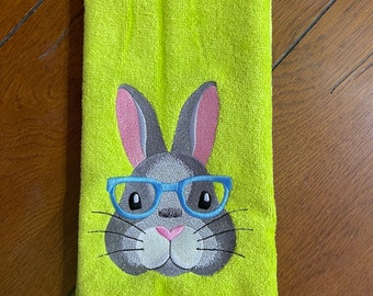 Embroidered Velour Hand Towel  - Easter - Easter Bunny Face W/Glasses - Lime Green Towel