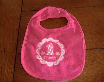 Embroidered Baby Bib - 1 Month Medallion Bib - Girl - Bright Pink Bib