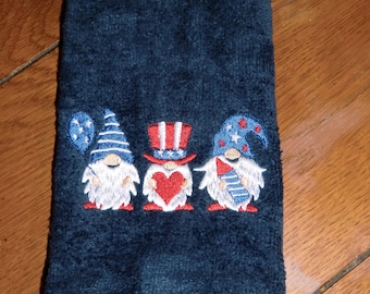 Embroidered Velour Hand Towel -  4th of July - Gnomes - Navy Towel