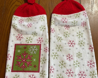 Christmas - Red & Green Snowflakes   Knit Top Kitchen Towels