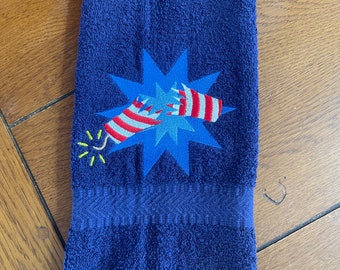 Embroidered Terry Hand Towel -  4th of July - Fire Crackers - Navy Towel