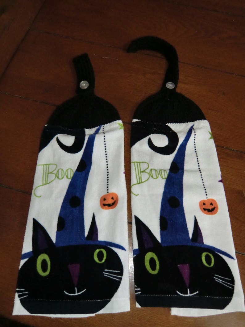 Halloween Black Cat W/Hat & BOO Knit Top Kitchen Towels image 1