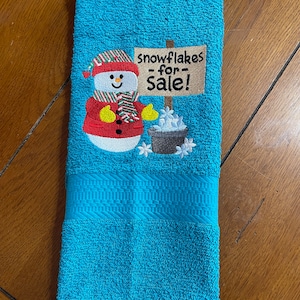 Embroidered Terry Hand Towel -Christmas - Snowflakes For Sale/Snowman - Bright Blue Towel