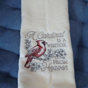 Embroidered Velour Hand Towel - Christmas - A Cardinal Is A Visitor From Heaven - Beige Towel