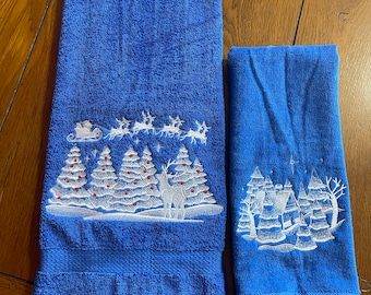 Embroidered Bath Towel Plus Hand Towel - Christmas - Christmas Team In Flight -Royal Blue Towels