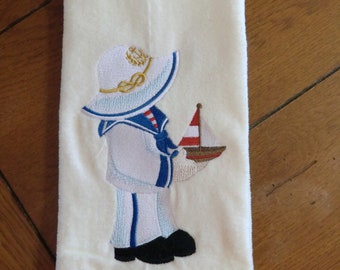 Embroidered Velour Hand Towel - Fisherman Fred Sailor - Beige Towel