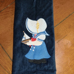 Embroidered Velour Hand Towel -  Sunbonnet Sue Sailor - Navy Towel