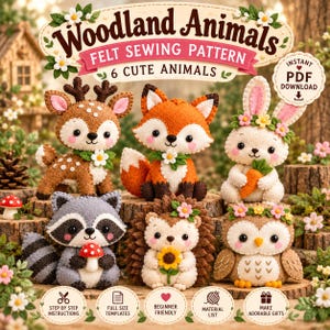 May include: A digital sewing pattern for six felt woodland animals including a deer, fox, rabbit, raccoon, hedgehog, and owl. The text reads Woodland Animals Felt Sewing Pattern 6 Cute Animals and Instant PDF Download.