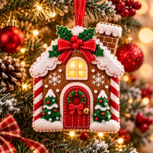 May include: A felt gingerbread house ornament featuring a brown facade, a red door with a green wreath, two small green Christmas trees, a white snowy roof, a red bow, and a chimney, all suspended by a red ribbon on a tree.