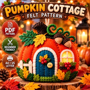 May include: A felt craft pattern titled PUMPKIN COTTAGE featuring a bright orange pumpkin-shaped house with a blue arched door, a yellow window, a white picket fence, green leaves, and two acorns. Includes PDF, beginner friendly, and A4/US letter icons.