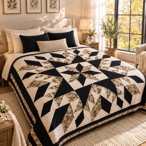 Puede incluir: Una colcha de cama con un patrón de estrella geométrico en negro, crema y un estampado floral marrón. La colcha está sobre una cama con varias almohadas, incluyendo dos almohadas cuadradas negras lisas y una almohada rectangular color crema.