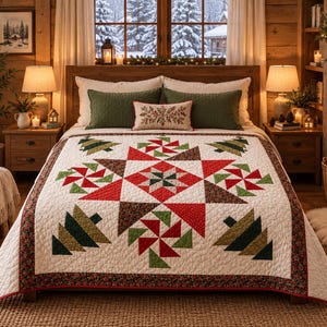 Puede incluir: Una colcha acolchada con un patrón central de estrella roja y verde rodeado de motivos de molinillos y formas de árboles de Navidad estilizados. La colcha tiene un fondo blanco con un borde floral oscuro y dos almohadas verdes.