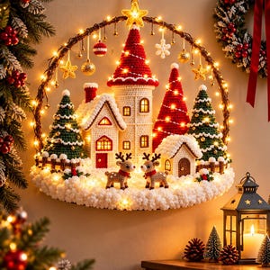May include: A circular wall hanging featuring a crocheted winter village scene with a central tower, two houses, two reindeer, and two pine trees. The display is illuminated by warm string lights and decorated with hanging gold and red ornaments.