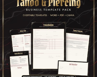 Pode incluir: Um pacote de modelos de negócios digitais para estúdios de tatuagem e piercing com design em preto e dourado. Inclui formulários editáveis para consultas, listas de preços, consentimento, cuidados pós-procedimento e vales-presente em inglês.