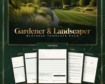Pode incluir: Um pacote de modelos de negócios para jardineiros e paisagistas em um fundo verde escuro com detalhes em mármore dourado. O conjunto inclui documentos editáveis como orçamentos, faturas e folhas de trabalho com o texto Gardener & Landscaper.