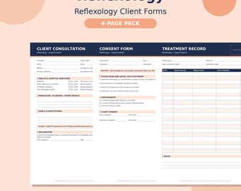 Pode incluir: Um conjunto de quatro páginas de formulários para clientes de reflexologia, incluindo consulta, consentimento e registo de tratamento. O documento contém secções de saúde, estilo de vida e objetivos, com cabeçalho azul escuro e detalhes em pêssego.