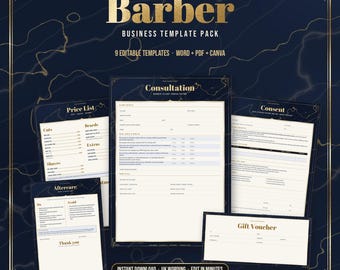 Pode incluir: Um pacote de modelos para negócio de barbearia com nove documentos editáveis em formatos Word, PDF e Canva. O conjunto inclui uma lista de preços, formulário de consulta, formulário de consentimento, guia de cuidados e um vale-presente.