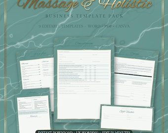 Pode incluir: Um pacote de modelos de negócios para serviços de massagem e holísticos com fundo verde-azulado e veios de mármore branco. O conjunto inclui documentos editáveis com texto dourado: Massage & Holistic Business Template Pack, 9 Editable Templates, Word + PDF + Canva, e Instant Download UK Wording Edit in Minutes.