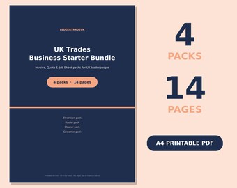 Pode incluir: Um documento digital azul escuro intitulado UK Trades Business Starter Bundle, contendo pacotes de faturas, orçamentos e folhas de trabalho para profissionais. Inclui 4 pacotes e 14 páginas em formato PDF imprimível A4 para eletricistas, telhadistas, limpadores e carpinteiros.