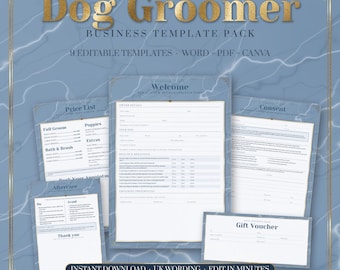 Pode incluir: Um conjunto de nove modelos de negócios editáveis para tosadores de cães, com um fundo de mármore azul e texto dourado. Os documentos incluem um formulário de boas-vindas, lista de preços, formulário de consentimento e um vale-presente.