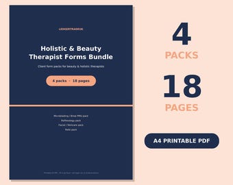 Pode incluir: Um documento digital azul escuro intitulado Holistic & Beauty Therapist Forms Bundle da LEDGERTRADEUK. Inclui 4 pacotes e 18 páginas de formulários de clientes para microblading, reflexologia, tratamentos faciais e reiki. PDF imprimível A4.