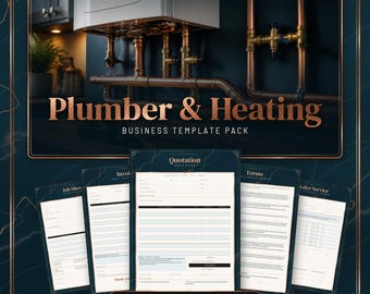 Pode incluir: Um pacote de modelos comerciais Plumber & Heating com fundo azul escuro e texto e linhas na cor cobre. O conjunto inclui dezassete documentos editáveis como orçamentos, faturas, folhas de trabalho e termos em formatos Word, PDF e Canva.