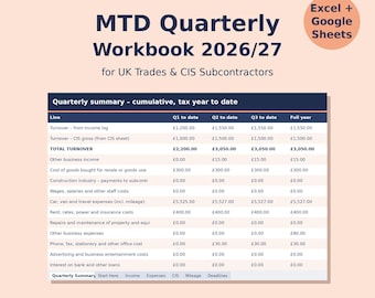 Pode incluir: Um livro de trabalho trimestral digital MTD 2026/27 para comerciantes e subempreiteiros CIS do Reino Unido, compatível com Excel e Google Sheets. O documento apresenta uma tabela de resumo trimestral com dados acumulados do ano fiscal.