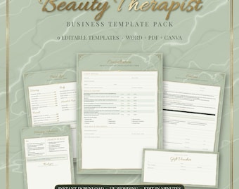 Pode incluir: Um pacote de modelos de negócios para esteticistas com nove documentos editáveis em formatos Word, PDF e Canva. O conjunto inclui formulários de consulta, listas de preços e vales-presente com fundo de mármore verde sálvia.